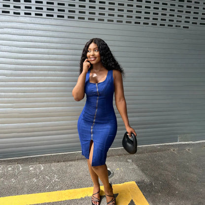 Women's Summer Lightweight Denim Zipper Front Bodycon Dress