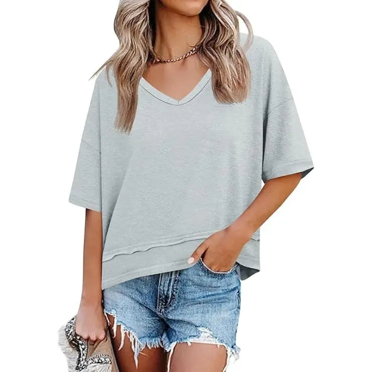 Womens Short Sleeve Shirts Summer V Neck Casual Top
