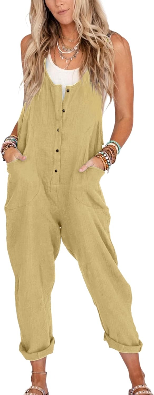 Womens Overalls Cotton Linen Loose Jumpsuits