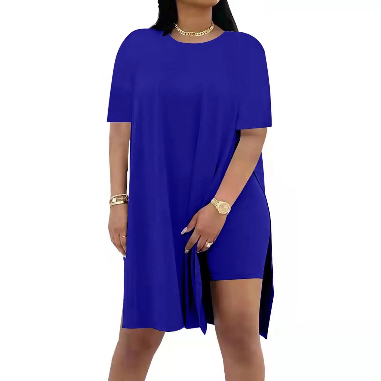 Plus Size Summer Outfit Side Slit Tunic Top & Biker Shorts Set