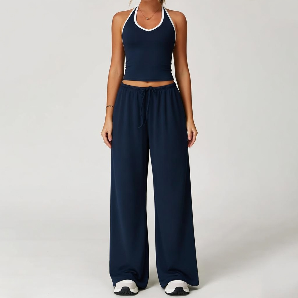 Women's Quick-Drying Athleisure Outfits - Adjustable V-Neck Strappy Top & Wide Leg Pants