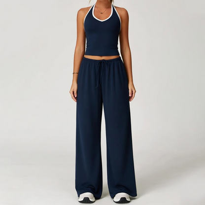 Women's Quick-Drying Athleisure Outfits - Adjustable V-Neck Strappy Top & Wide Leg Pants