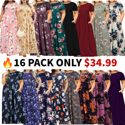 Women Summer Casual Loose Short Sleeve Long Beach Dress with Pocket
