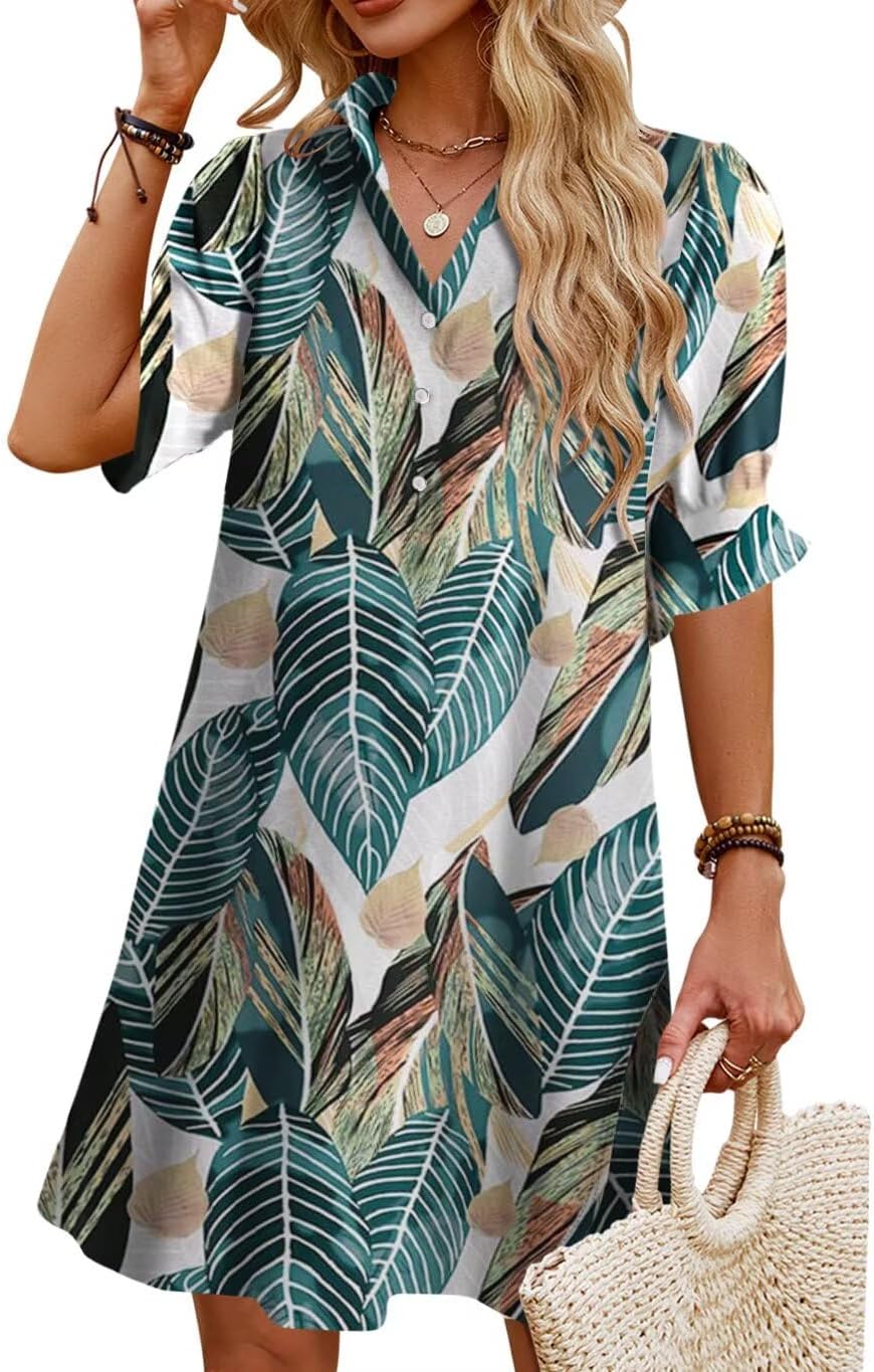Womens Summer Shirt Mini Dresses with Pockets