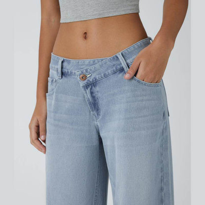 💘 Valentine’s Day Sale 💘 Flex Low-Rise Asymmetric Baggy Wide-Leg Washed Jeans with Zipper Pockets