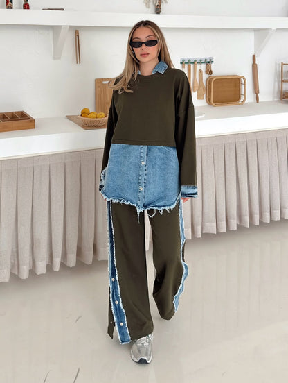 Women'S Knitted Patchwork Denim Top & Pants Set