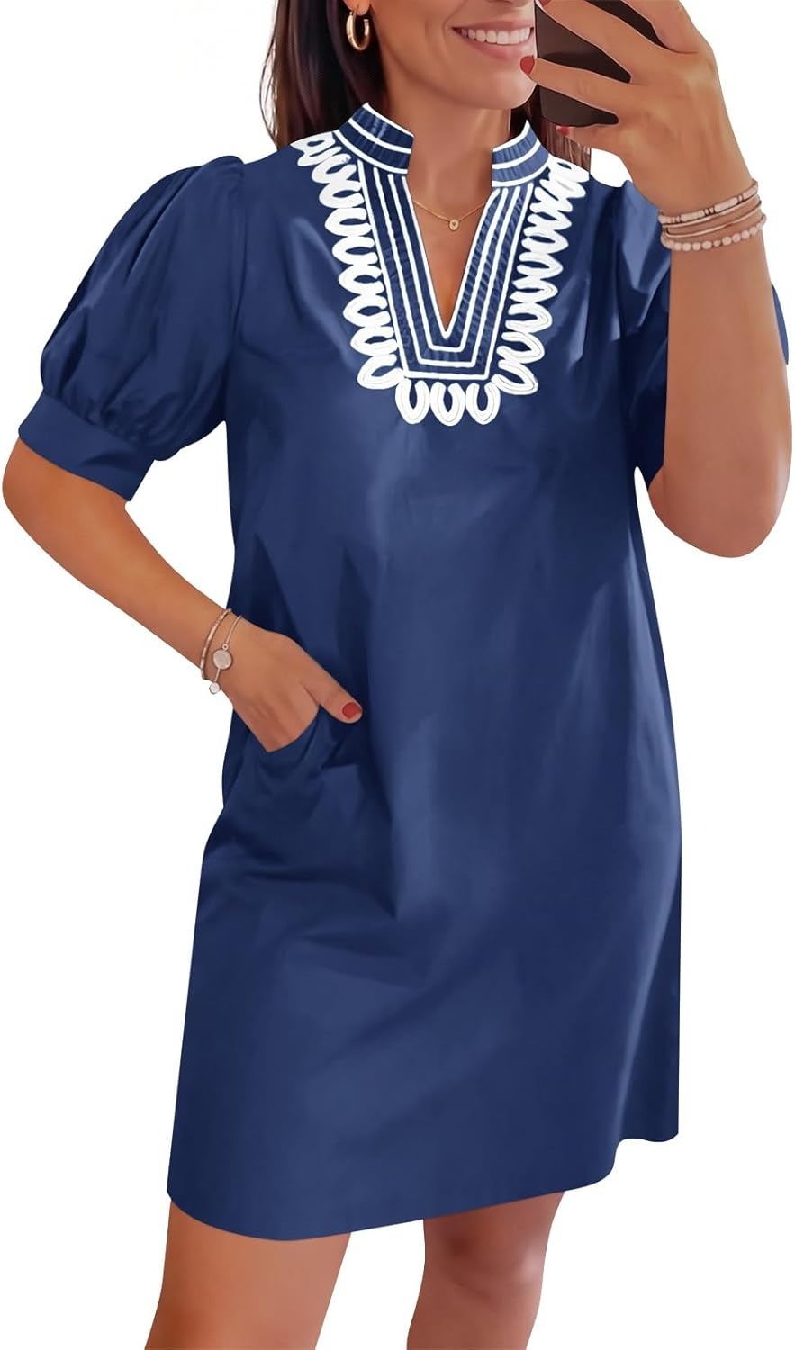 Womens Summer V Neck Shift Dresses Puff Short Sleeve Casual Dress