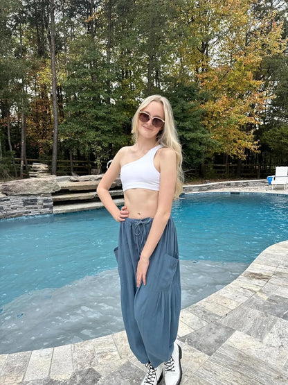 Women's Linen Wide Leg Pants Casual Loose Drawstring Low Waist with Pockets