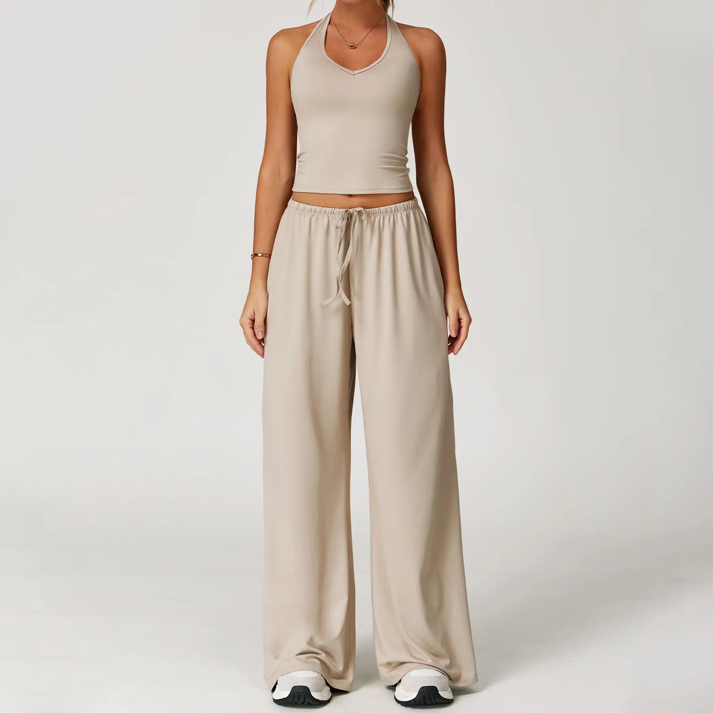 Women's Quick-Drying Athleisure Outfits - Adjustable V-Neck Strappy Top & Wide Leg Pants