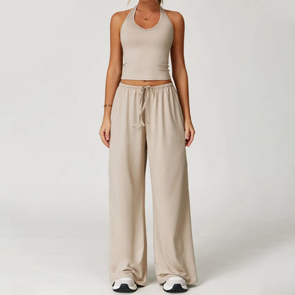 Women's Quick-Drying Athleisure Outfits - Adjustable V-Neck Strappy Top & Wide Leg Pants
