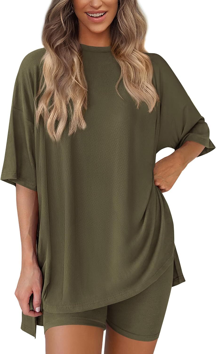 🔥Women's Two Piece Lounge Set Summer Casual Oversized Shirts Biker Shorts Matching Airport Travel Outfit