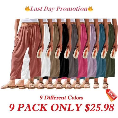 Women's Linen Wide Leg Pants Casual Loose Drawstring Low Waist with Pockets