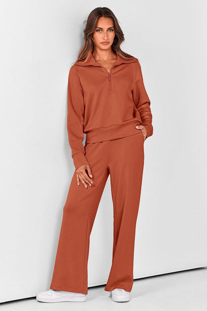 Women's Outfits Casual Lapel Half Zip Sweatshirts And Wide Leg Pants Tracksuit Sets