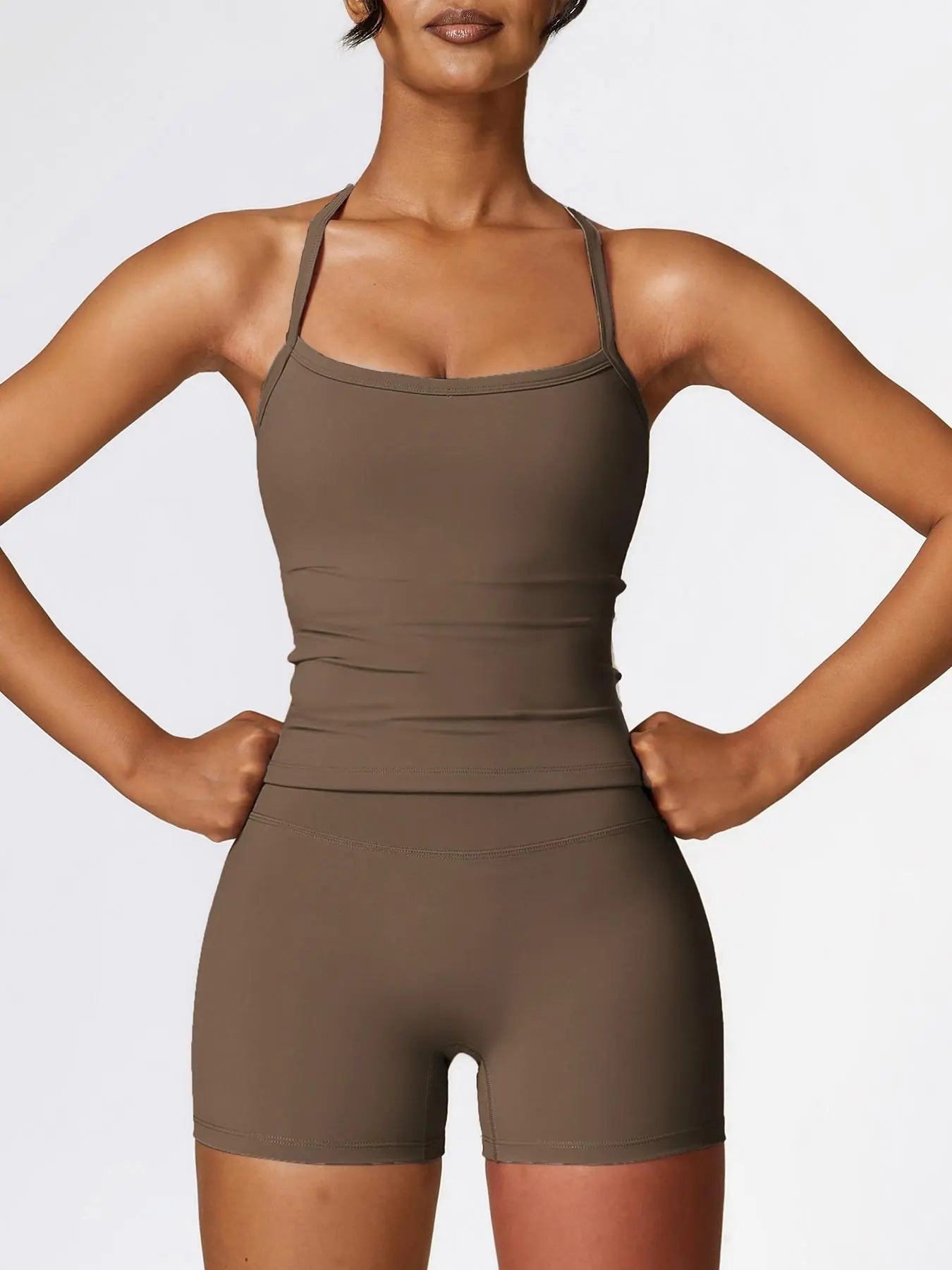 Two-piece Solid Backless Cami Top & High Waist Shorts Set