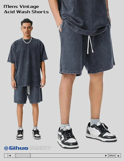 Unisex Cotton Athletic Vintage Acid Wash Elastic Waist Sweat Shorts
