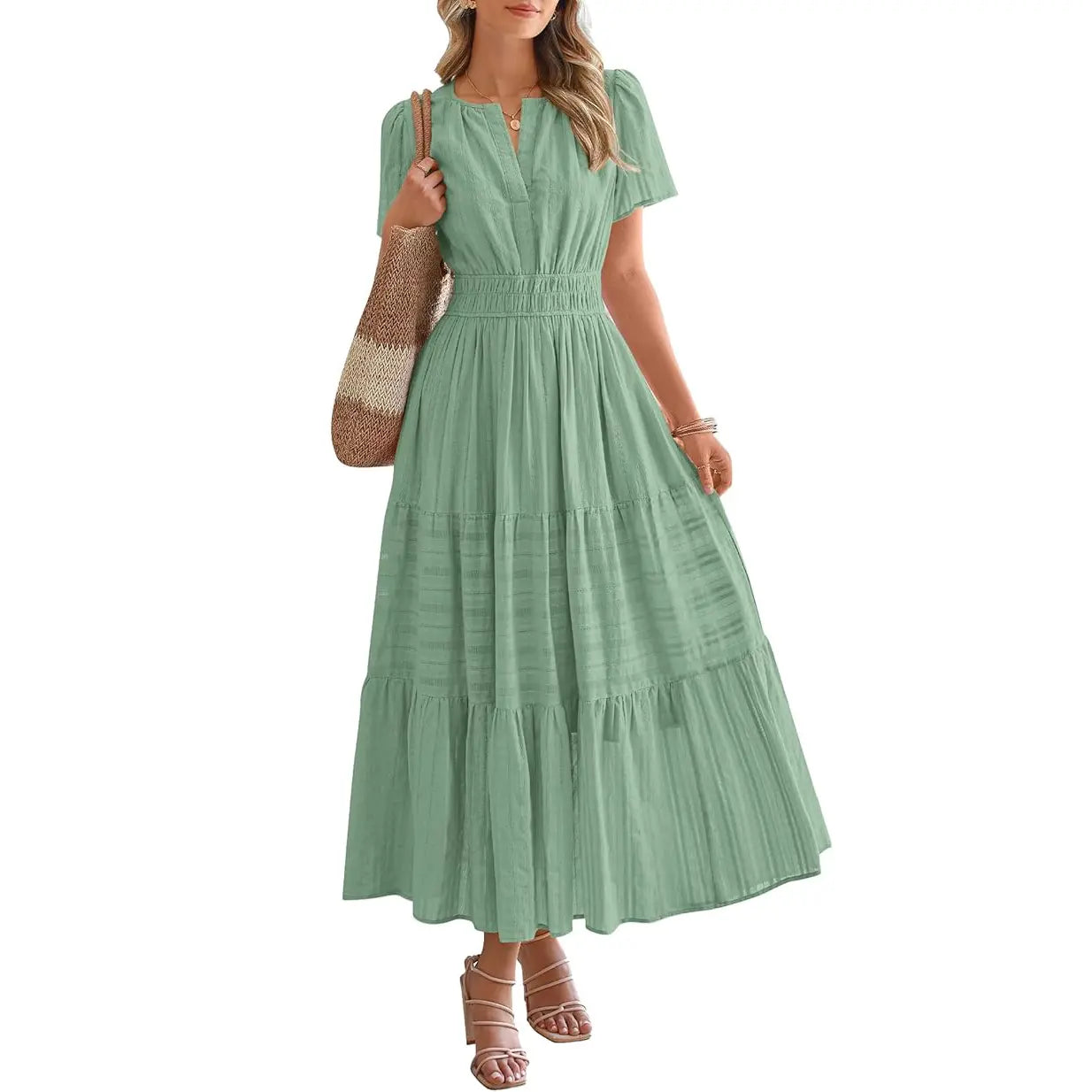 Women's Summer 2026 Casual Maxi Dress Lightweight Short Sleeve V Neck Boho Dress with Pockets