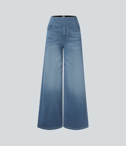 💝Last Day Promotion⚡High Waisted Multiple Pockets Baggy Wide Leg Washed Stretchy Knit Casual Jeans