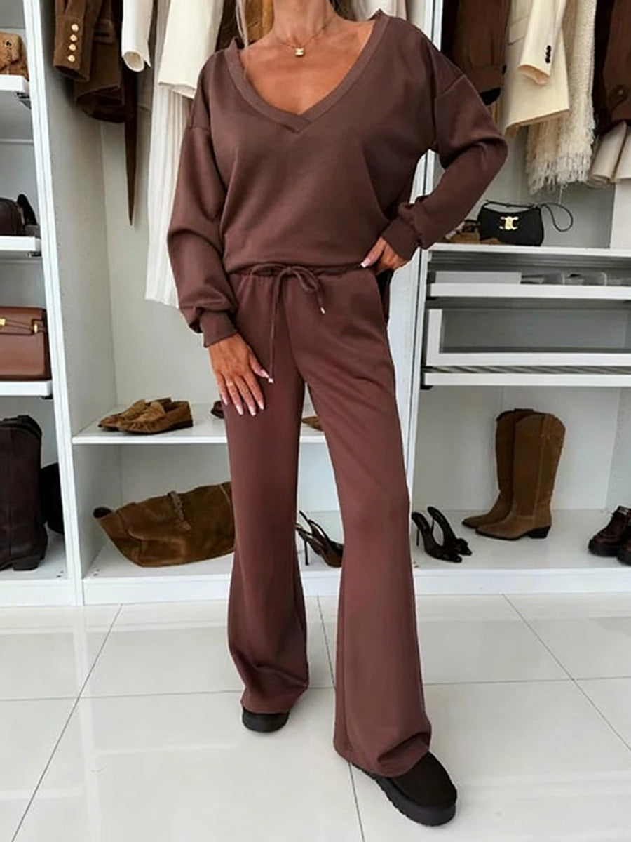 Autumn And Winter Solid Color Knitted V-Neck Top & Pants Set
