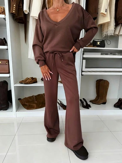 Autumn And Winter Solid Color Knitted V-Neck Top & Pants Set