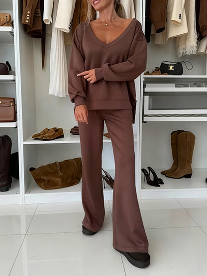 Autumn And Winter Solid Color Knitted V-Neck Top & Pants Set