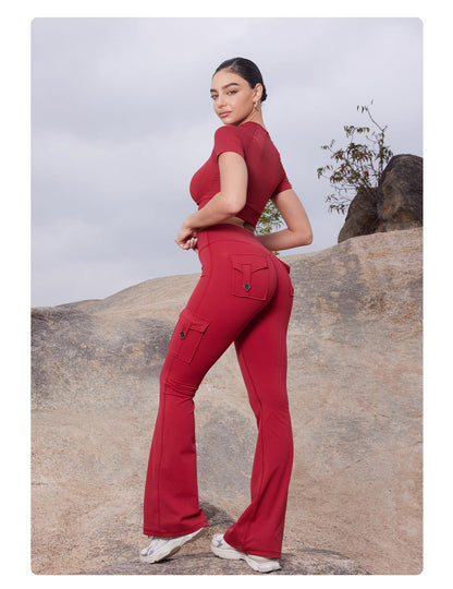 Women's Workout Flare Leggings with Pockets Hidden Scrunch High Waisted Cargo Gym Yoga No Front Seam Leggings Flared Joggers Fitness Outfit Camouflage Sports Pants