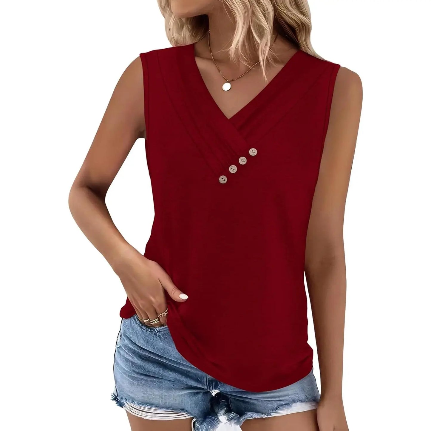 Last day discount🔥🔥Women Summer Button Down V Neck T Shirts Sleeveless Loose Fit Fashion Tops