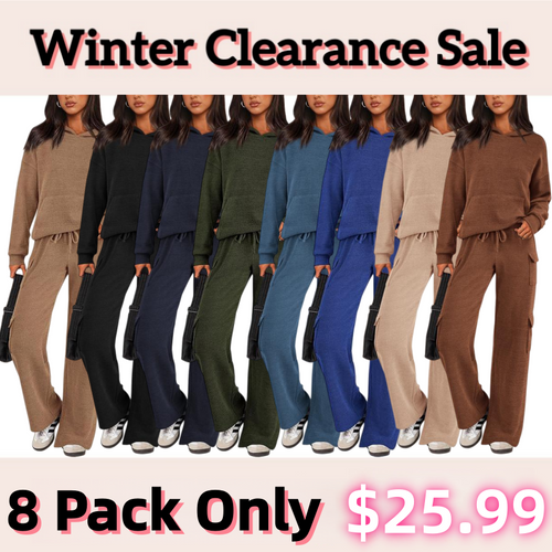 Women's Navy Blue Knitted Sets Hoodie & Wide Leg Pants with Pockets Drawstring Long Sleeve Loungewear Tracksuits Basic Fitted Clothes