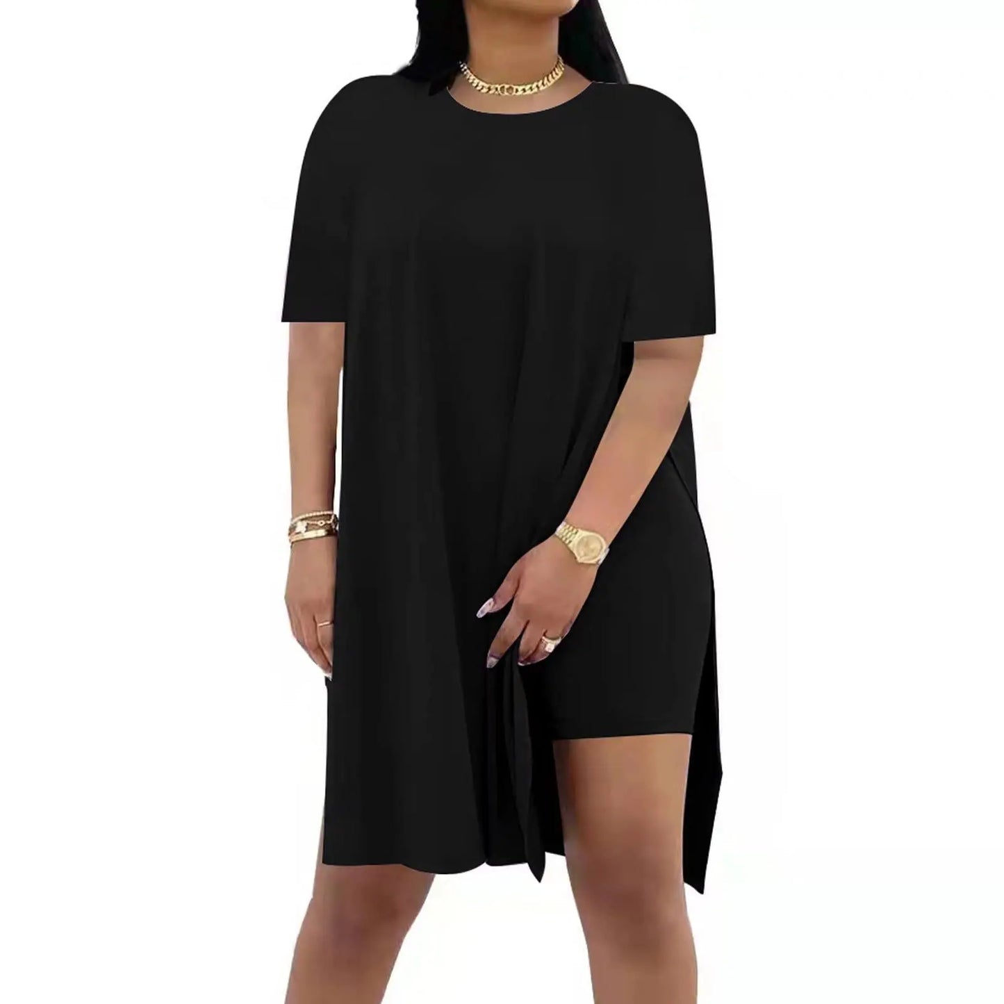 Plus Size Summer Outfit Side Slit Tunic Top & Biker Shorts Set