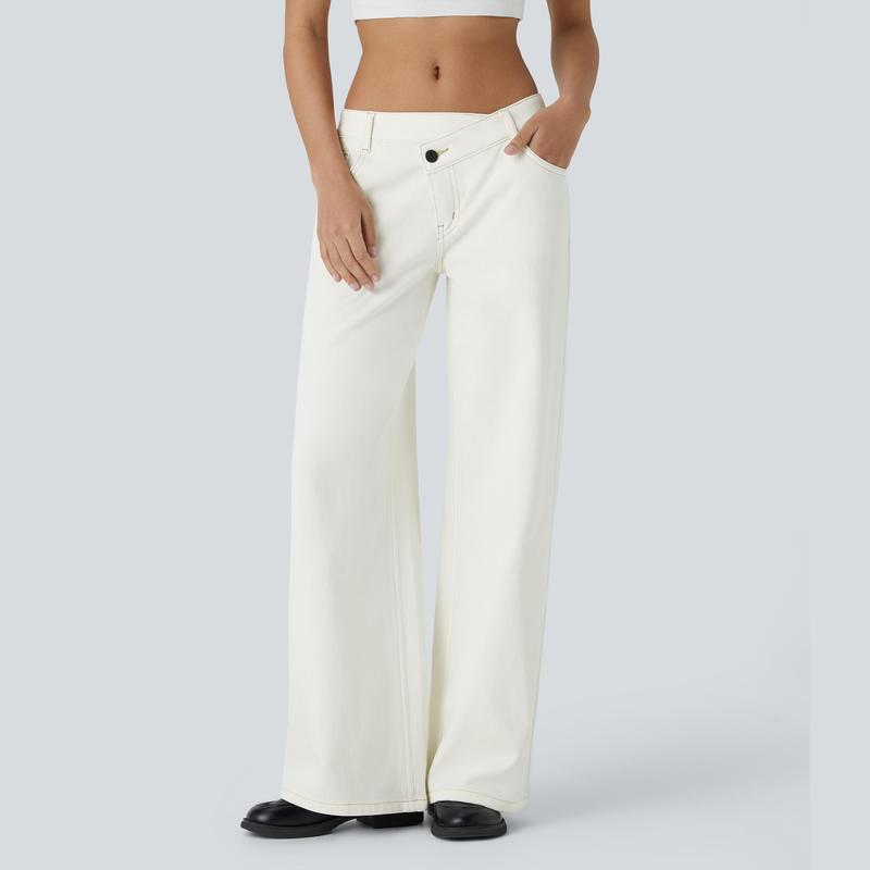 🔥5 Pack-Women's  Asymmetric Low Rise Zipper Pockets Baggy Wide Leg Washed Casual Jeans