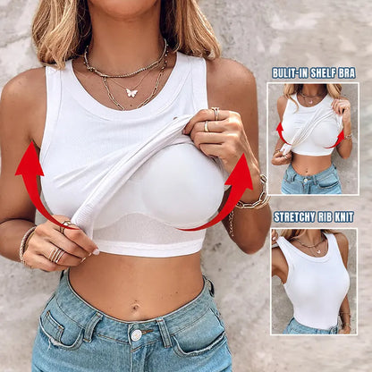This Week's Special Price🍃Round Neck Built-in Bra Ribbed Tank Top Fit Casual Comfortable💥