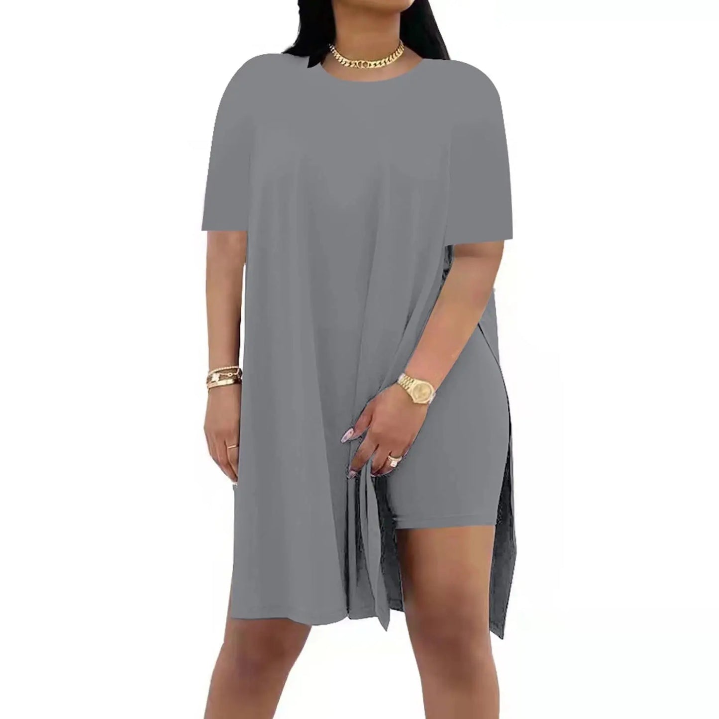 Plus Size Summer Outfit Side Slit Tunic Top & Biker Shorts Set