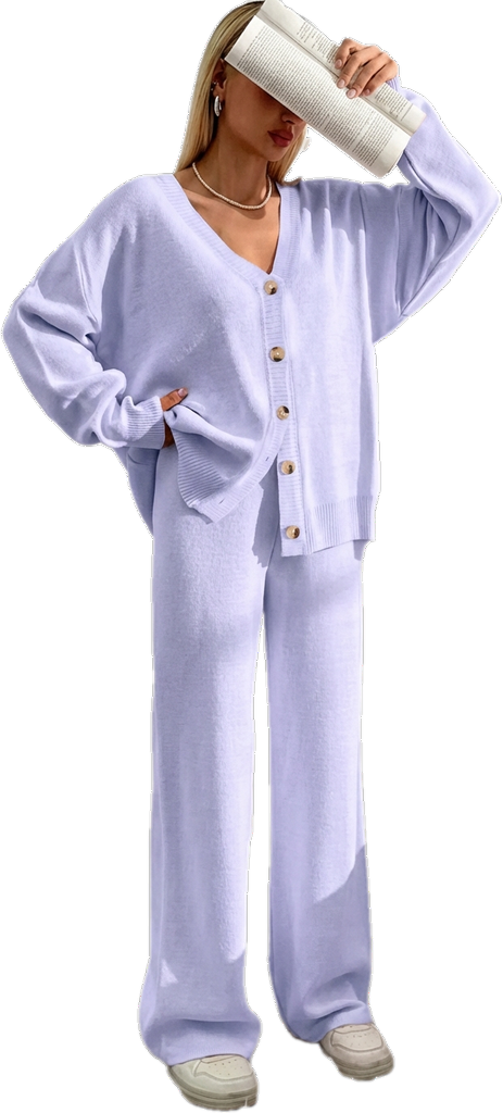 ⏰Final 2-Hour Clearance⚡ Women’s Button Front V-Neck Cardigan & Elastic Waist Wide-Leg Pants Set – Casual Cozy Knit Two-Piece Outfit for Fall & Winter