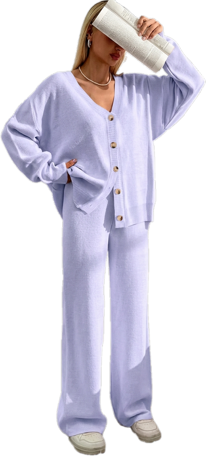 ⏰Final 2-Hour Clearance⚡ Women’s Button Front V-Neck Cardigan & Elastic Waist Wide-Leg Pants Set – Casual Cozy Knit Two-Piece Outfit for Fall & Winter