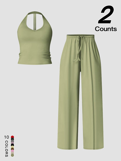 Women's Quick-Dry Sports Tank Top, Casual High-Waisted Bell Bottoms Two Piece Set