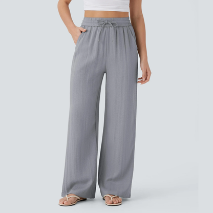 High-Waisted Drawstring Wide-Leg Linen-Feel Pants with Pockets