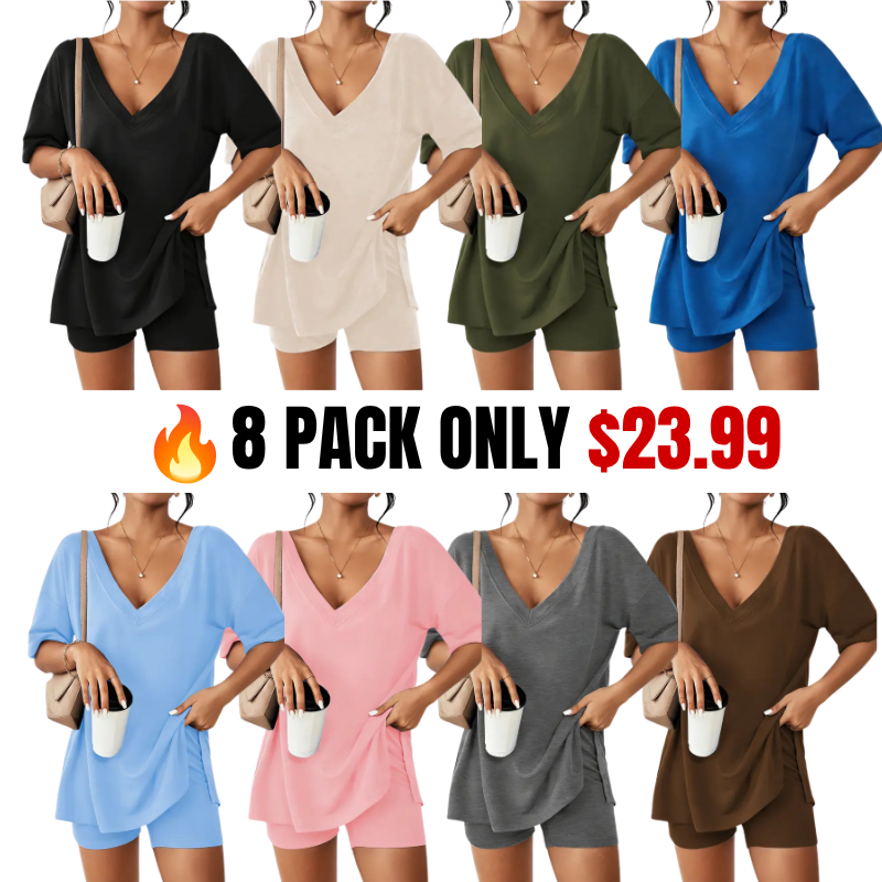 V-neck Two-Piece Pajama Set For Women Summer Casual Oversized Split Hem Shirts