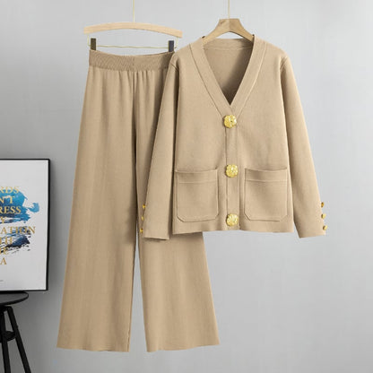 Imsgurus💓Fashion Metal Button Knit Wool Sweater Wide Leg Pants Set