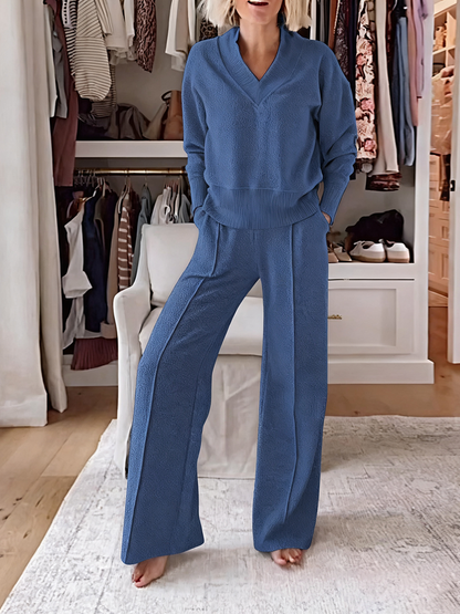 Solid Color Casual Large V-Neck Top & Pants Set