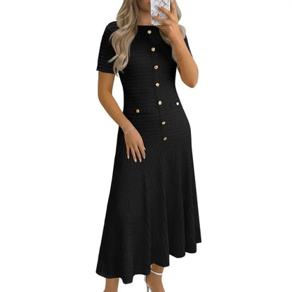 Womens Midi Dress Summer Casual Short Sleeve Crewneck Button Decor