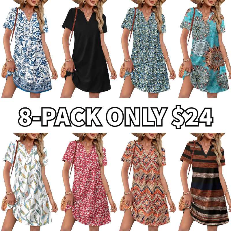Women's 2026 Casual Summer V Neck Short Sleeve Dress Beach Vacation Outfit