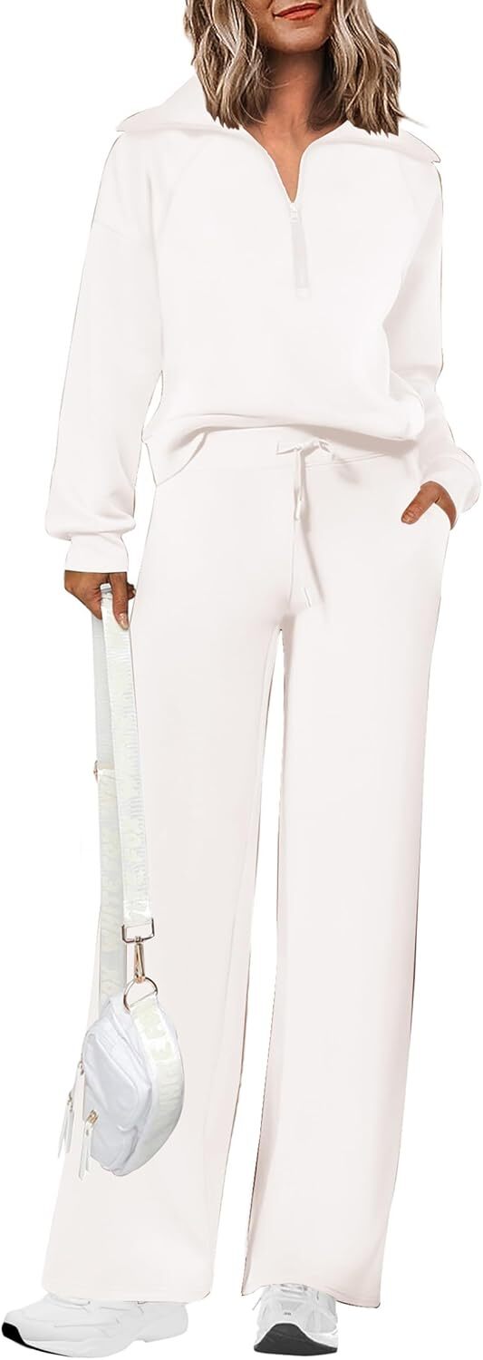 Women's Outfits Casual Lapel Half Zip Sweatshirts And Wide Leg Pants Tracksuit Sets