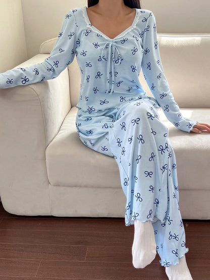Women's Bow Print Long-Sleeve Lounge Pajama Set
