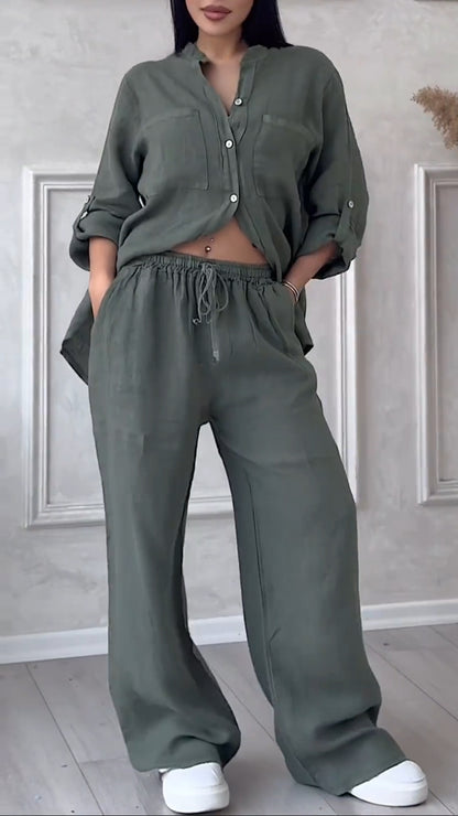 Women's V-neck Cotton and Linen Casual Suit