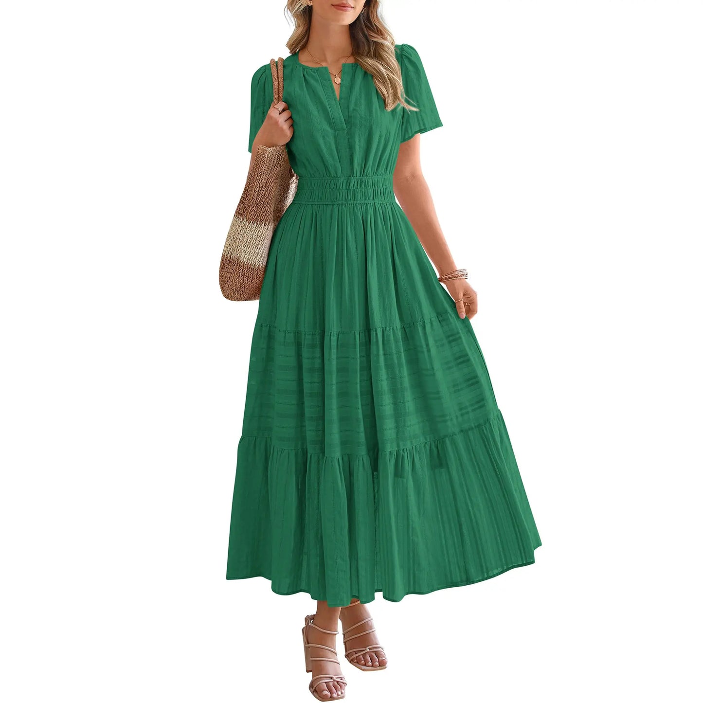Women's Summer 2026 Casual Maxi Dress Lightweight Short Sleeve V Neck Boho Dress with Pockets