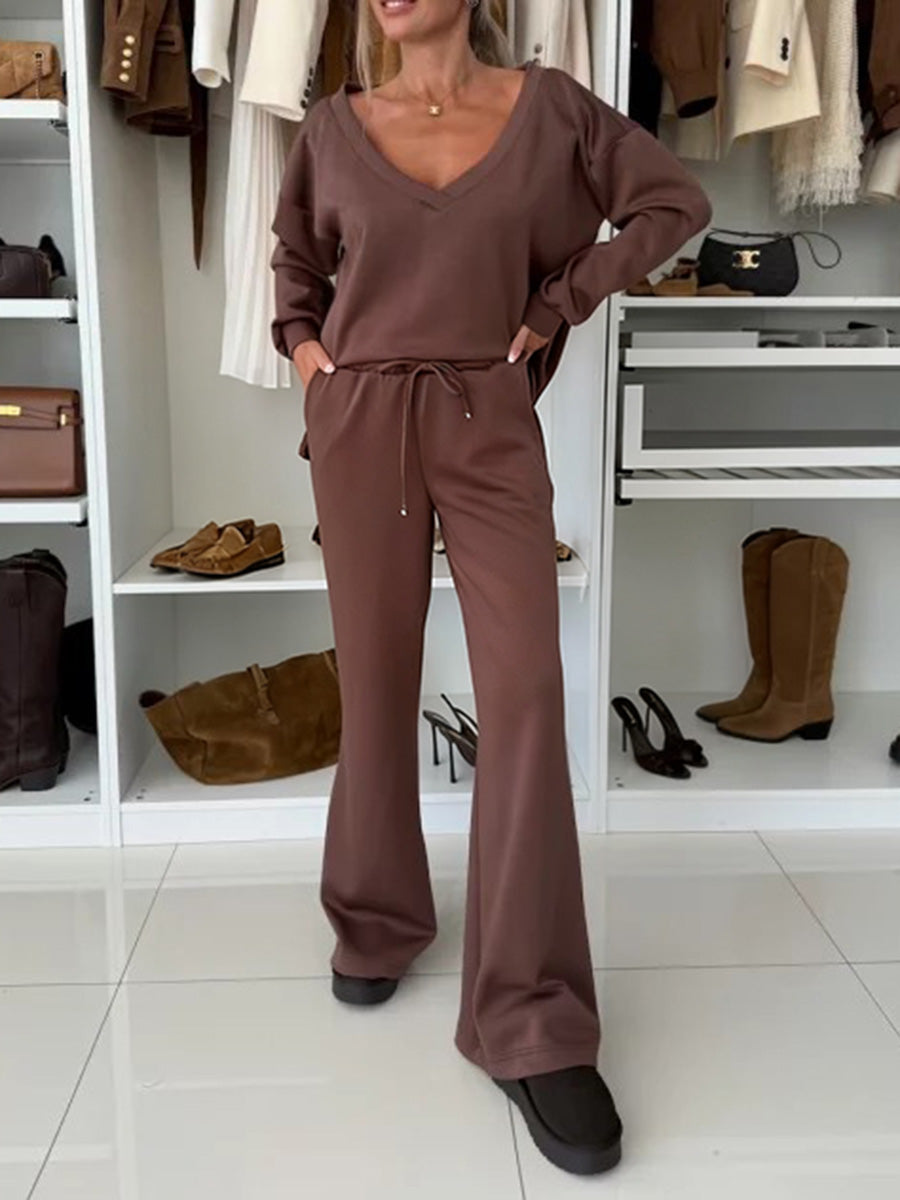 Autumn And Winter Solid Color Knitted V-Neck Top & Pants Set