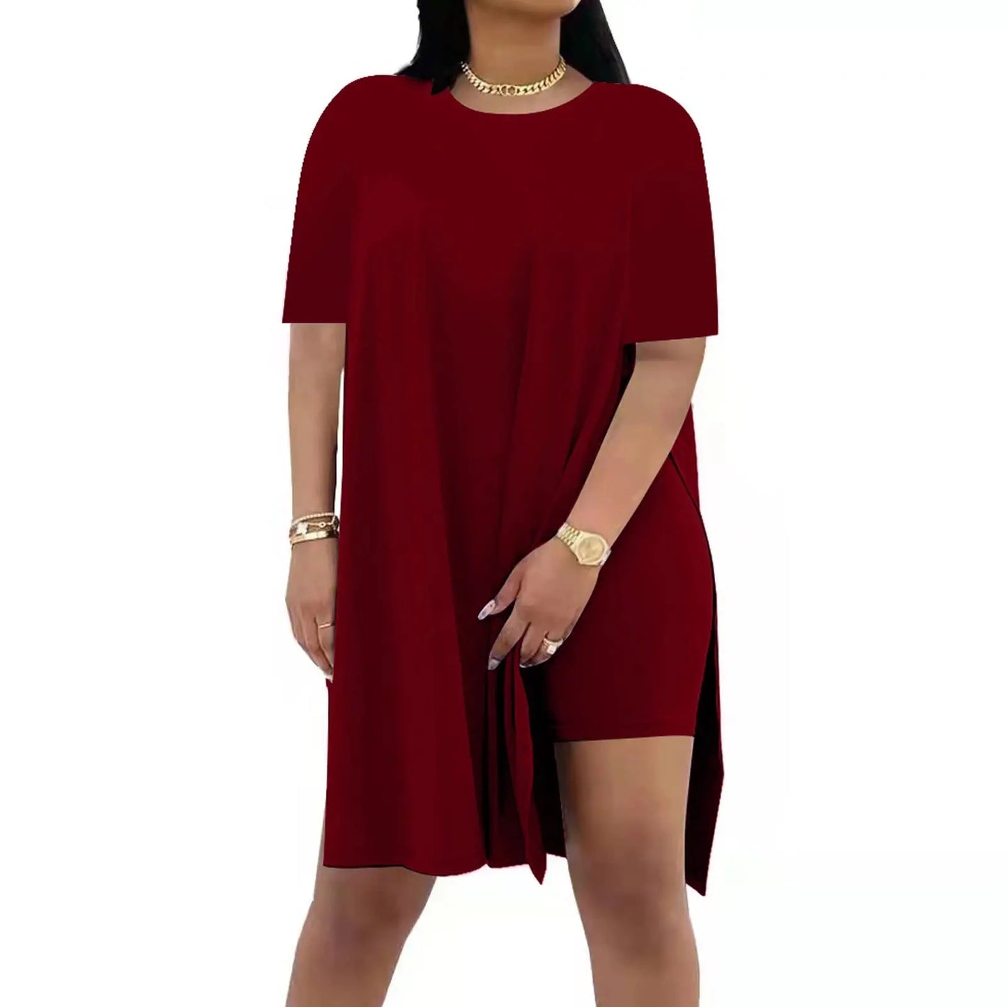 Plus Size Summer Outfit Side Slit Tunic Top & Biker Shorts Set