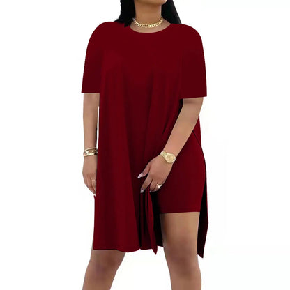 Plus Size Summer Outfit Side Slit Tunic Top & Biker Shorts Set