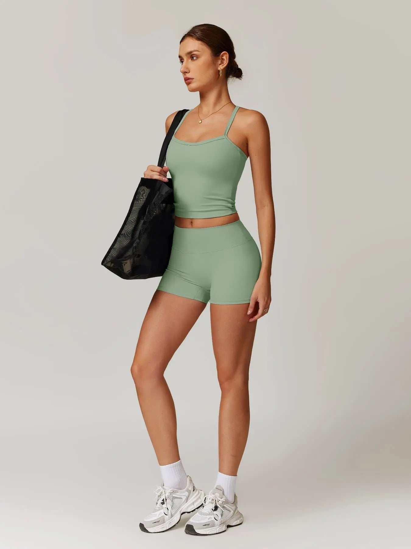 Two-piece Solid Backless Cami Top & High Waist Shorts Set