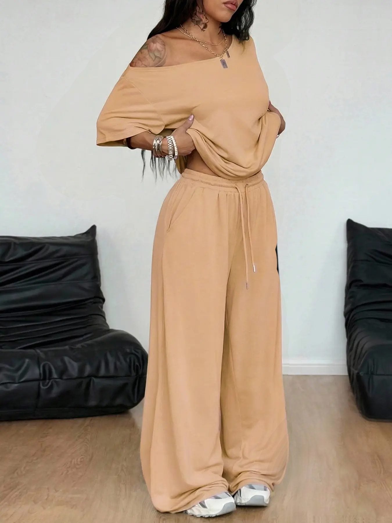 Loose Baggy Off Shoulder T-Shirt And Wide Leg Pants Two Pieces Outfits