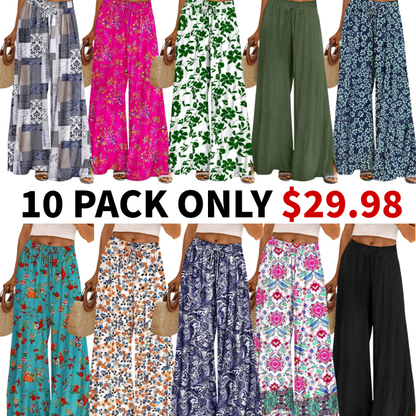 Women Summer Flowy Wide Leg Pants Drawstring Elastic Waist Casual Lounge Beach Palazzo Trouser with Pockets